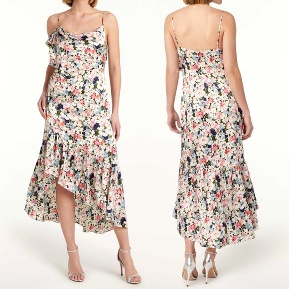 NWT Cinq a Sept Luka Floral Asymmetric Silk Slip Dress Cream Pink Ruffle Size 8